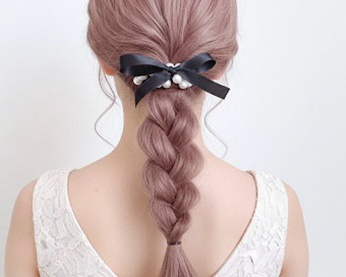 サテンリボン の パールヘアゴム 【ショート】/ ブラック リボン