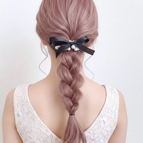 サテンリボン の パールヘアゴム 【ショート】/ ブラック リボン
