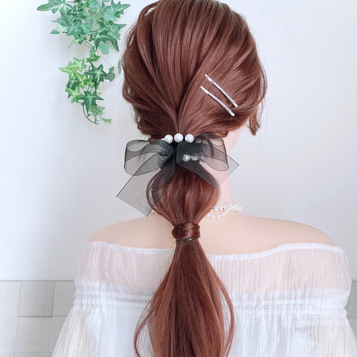 シアーリボン の パール ヘアゴム /ブラック リボンヘアゴム