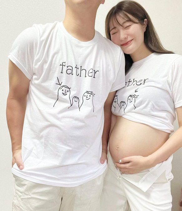 tuzuru マタニティフォト用 Tシャツ 2枚セット ペアルック ママ パパ mother father 半袖 白 2枚目の画像