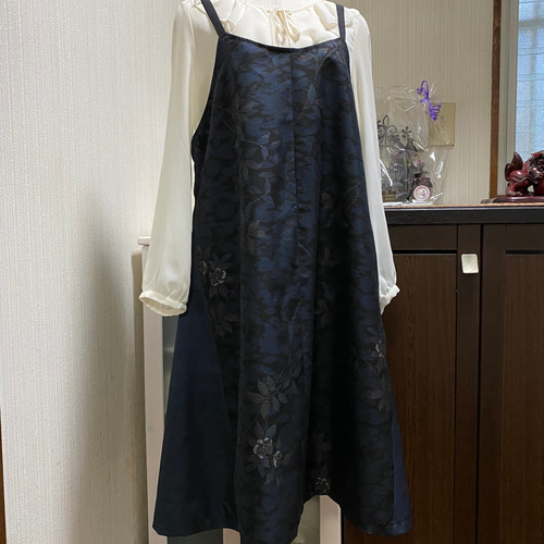 絹 大島紬 2柄 キャミワンピース 紺 草花柄 亀甲柄 Aライン 着物