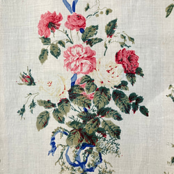 10cm〜白とピンクのバラとブルーのリボンのフランスアンティークファブリック 1920年代 6枚目の画像