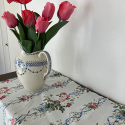 10cm〜白とピンクのバラとブルーのリボンのフランスアンティークファブリック 1920年代 3枚目の画像