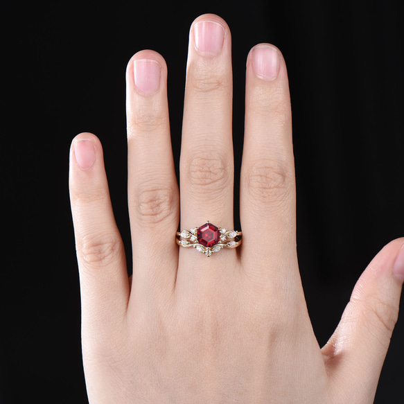 7月誕生石ルビー婚約指輪セット赤い宝石ルビーリング925スターリングシルバーK10ソリッドローズゴールド母の日リング 8枚目の画像