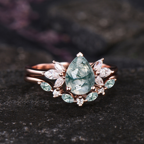 天然グリーンモスアゲート婚約指輪セットグリーンアゲートリング925