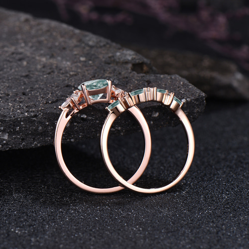 天然グリーンモスアゲート婚約指輪セットグリーンアゲートリング925