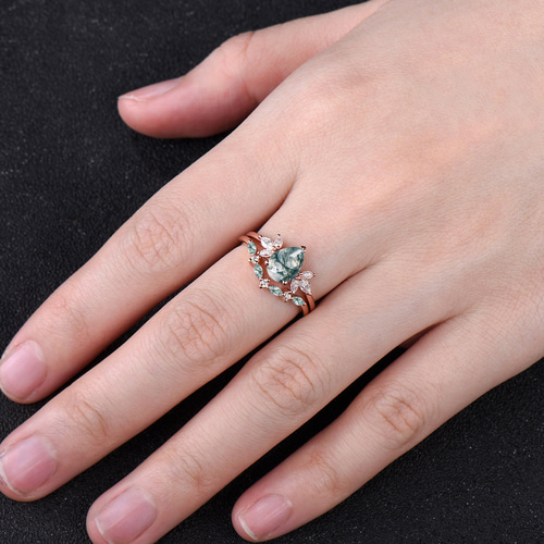 天然グリーンモスアゲート婚約指輪セットグリーンアゲートリング925