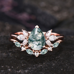 天然グリーンモスアゲート婚約指輪セットグリーンアゲートリング925