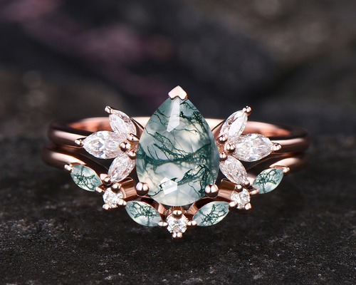 天然グリーンモスアゲート婚約指輪セットグリーンアゲートリング925