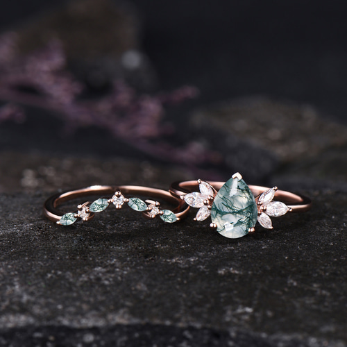 天然グリーンモスアゲート婚約指輪セットグリーンアゲートリング925