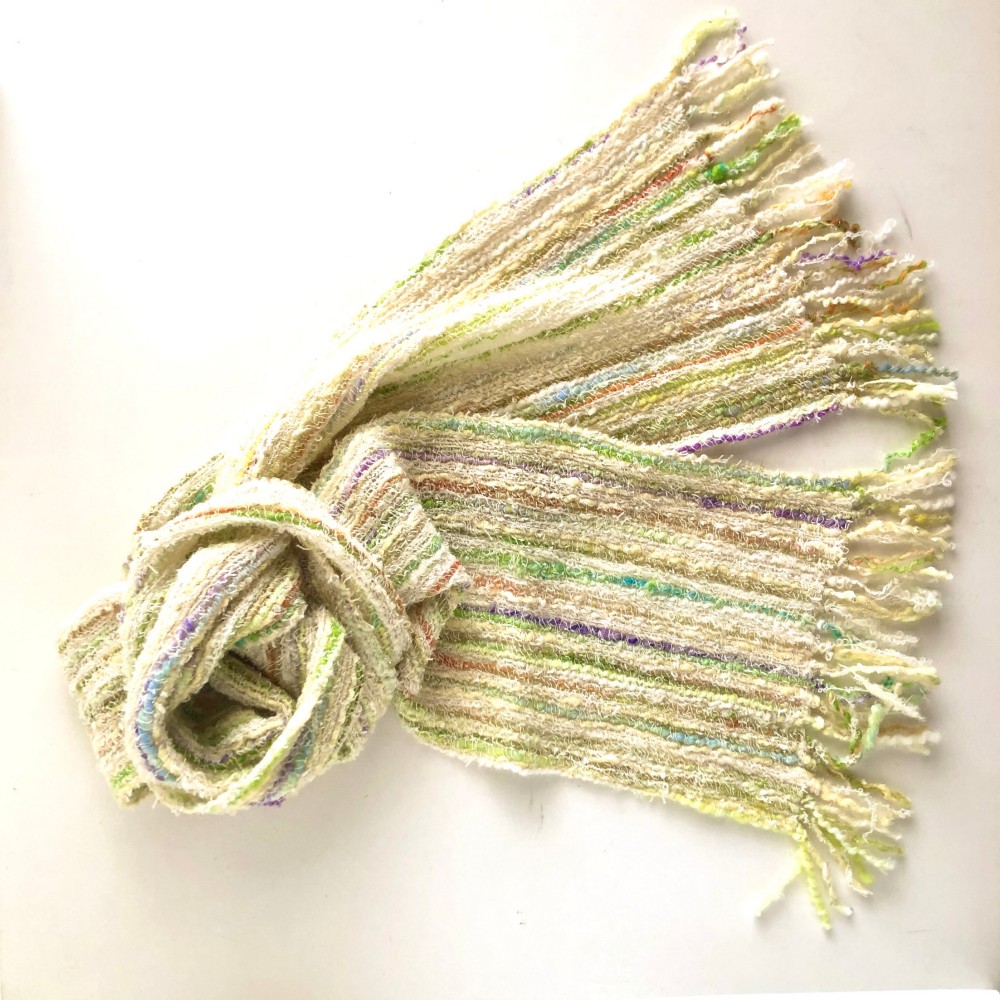 手紡ぎ/手織りマフラー 「ふんわりストライプ」