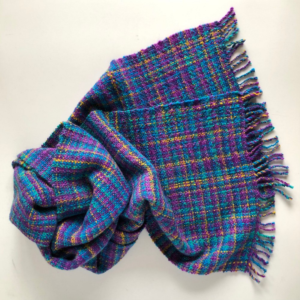 手紡ぎ/手織りマフラー 「ファンシーチェック〜パープル」