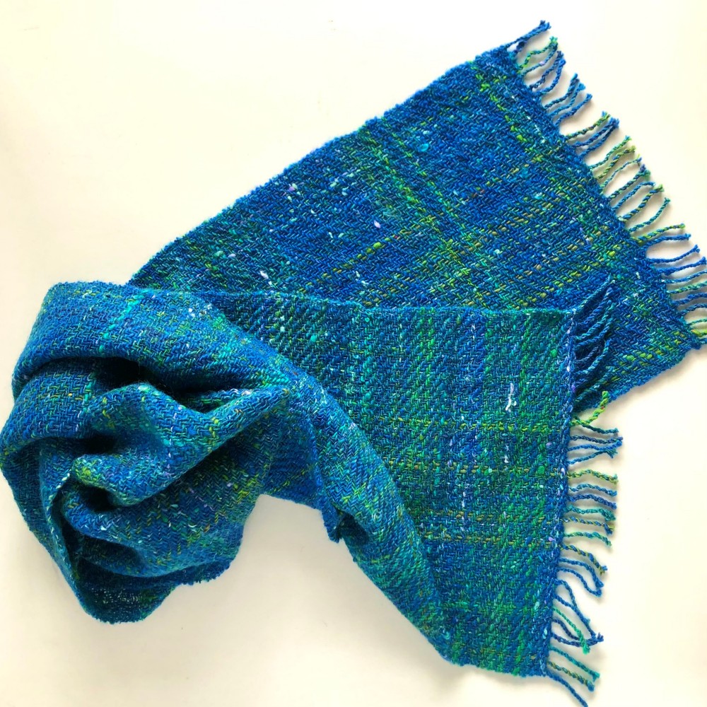 手紡ぎ/手織りマフラー 「ブルーグリーン」