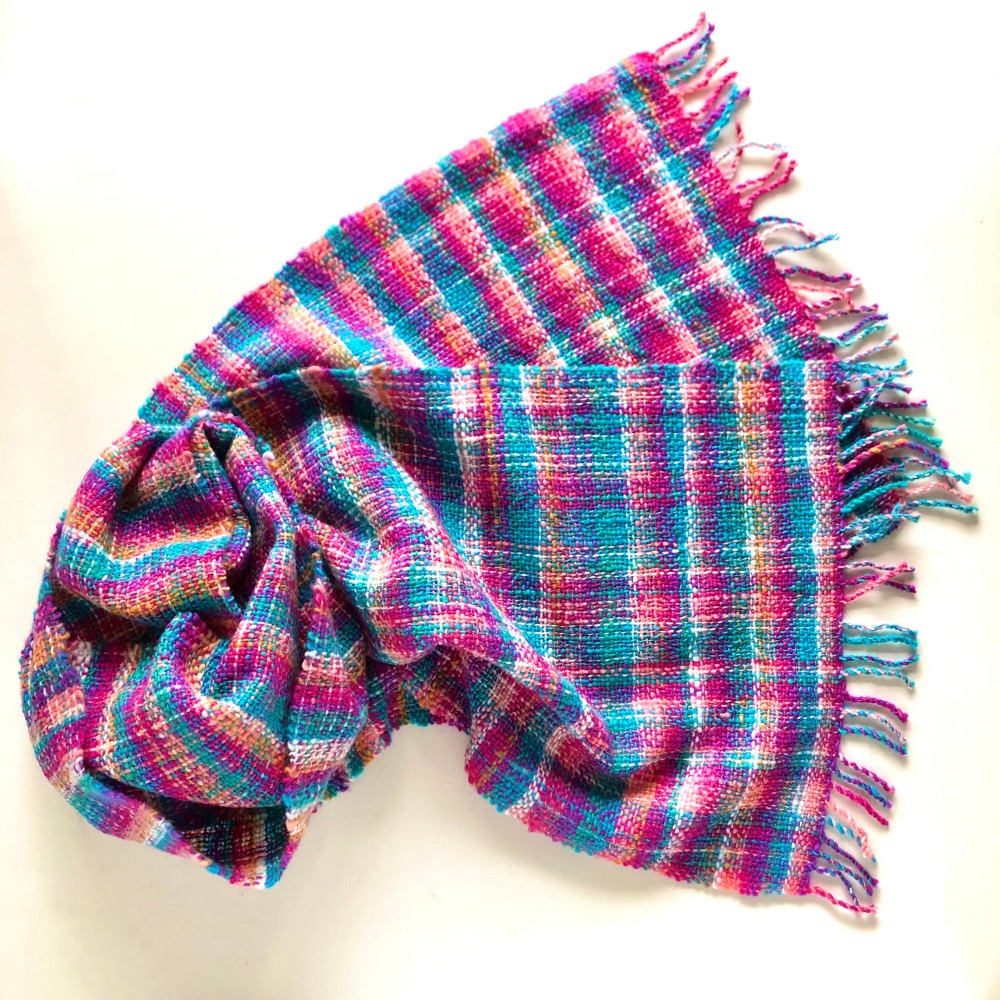 手紡ぎ/手織りマフラー 「ファンシーチェック〜ピンク」