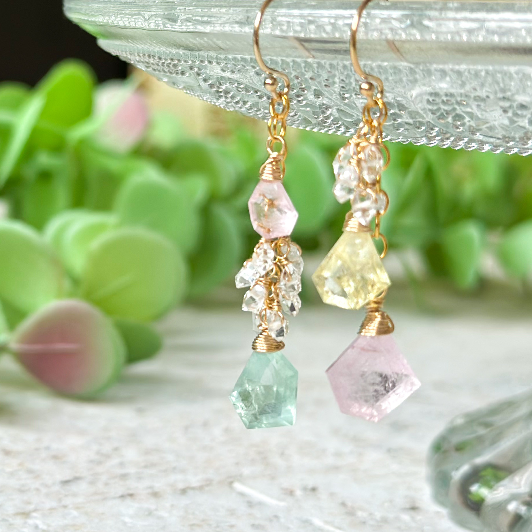 14kgf*モルガナイトとアクアマリンのアシンメトリーピアス  