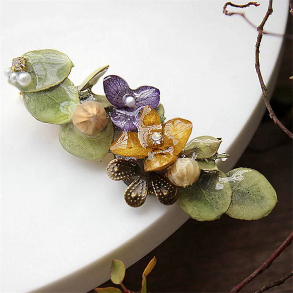 バレッタ 花 髪留め 青 大人 オリジナル樹脂パーツ ｜他にはない