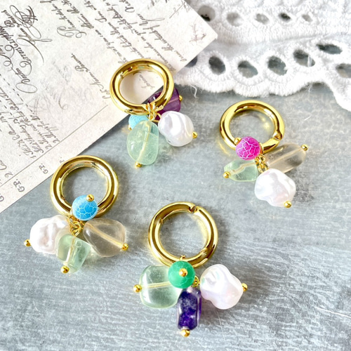 4pcs☆charm・fluorite +agate mix（天然石ミックスチャーム 