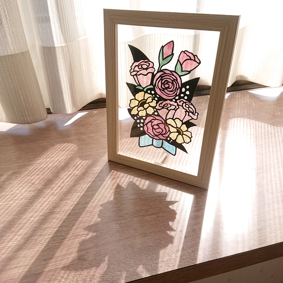 ‼️‼️切り絵　貼り絵　和紙　花の絵 シルバー額縁付き 切り絵 貼り絵 和紙 花の絵 シルバー額縁付き