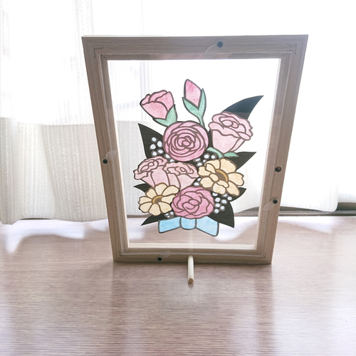 切り絵貼り絵和紙花の絵 シルバー額縁付き