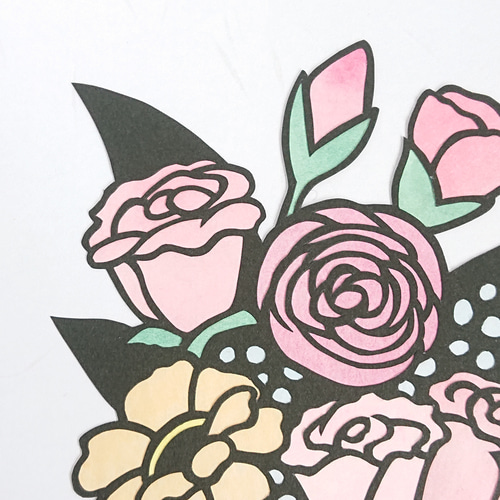 花束 ピンク シンプル 和紙 フレーム付き【切り絵】 切り絵 なな