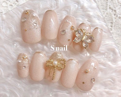 ネイルチップ オーダー マグネット ワンホン リボン 蝶々 ピンク ガーリー 現品値下げ！ネイルチップ ピンク リボン バラ 蝶々 ワンホン