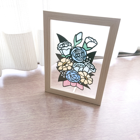 切り絵 貼り絵 和紙 花の絵 シルバー額縁付き 光透ける切り絵＊