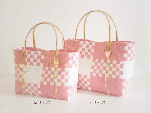 桜ピンクのチェック×ベージュハンドル  M　2WAYプラカゴバッグ　プラカゴ　トートバッグ　かごバッグ　春色　母の日 10枚目の画像