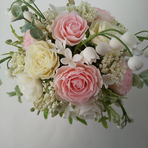 粘土の花 すずらんとバラのナチュラルフラワーアレンジメント 樹脂粘土