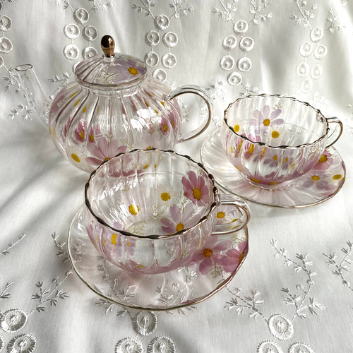 Marina様オーダー品)ガラスのティーセット・コスモス(カップ&ソーサー  