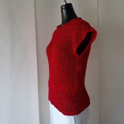 レッドの変わりゴム編みフレンチ袖セーター 2枚目の画像