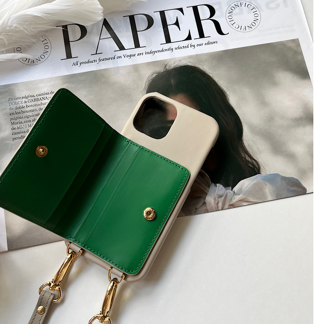 #3 名入れ可｜バイカラー本革iPhoneショルダーケース（背面収納　スマホショルダー）Ivory+green