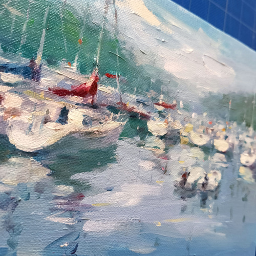 貴重】ヨットハーバー油絵 豪華額装付