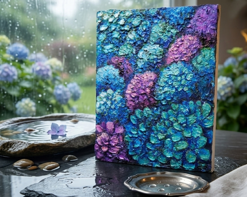 油絵 原画【群青のトパーズ】あじさい 紫陽花 絵画 インテリア 額なし