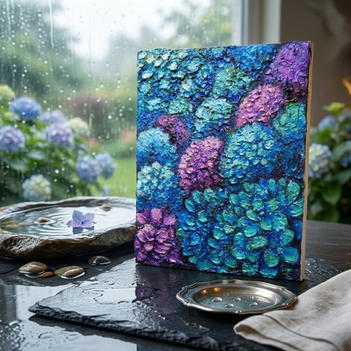 私が描いたアジサイの油絵です。 油絵 原画【群青のトパーズ】あじさい 紫陽花 絵画 インテリア 額なし