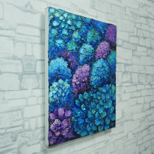 油絵 原画【群青のトパーズ】あじさい 紫陽花 絵画 インテリア 額なし
