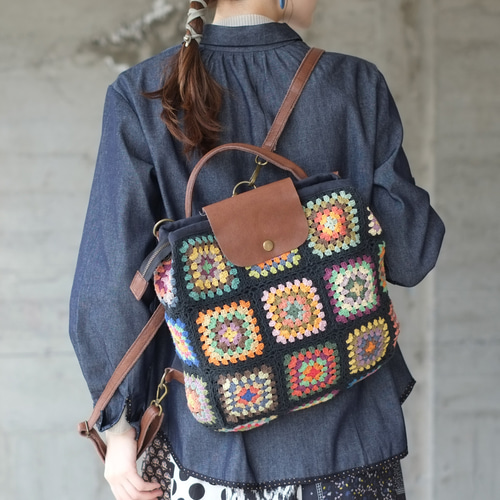 ブラックWデニム♡ハートフラワー刺繍の3wayバッグ♡リュック