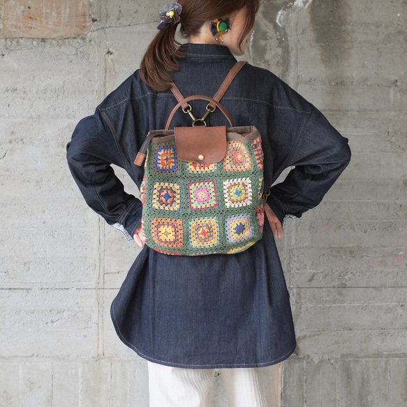 可手提可挎！ 3向花朵鉤針背包 (23s-09) 綠色 第4張的照片