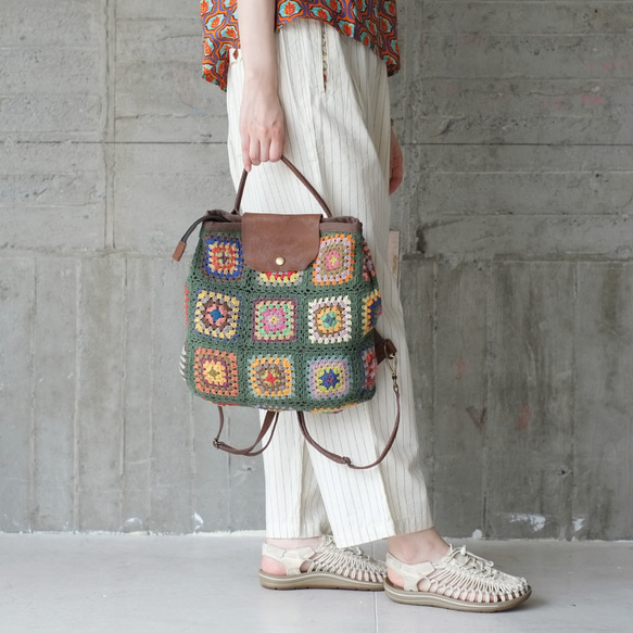 可手提可挎！ 3向花朵鉤針背包 (23s-09) 綠色 第2張的照片