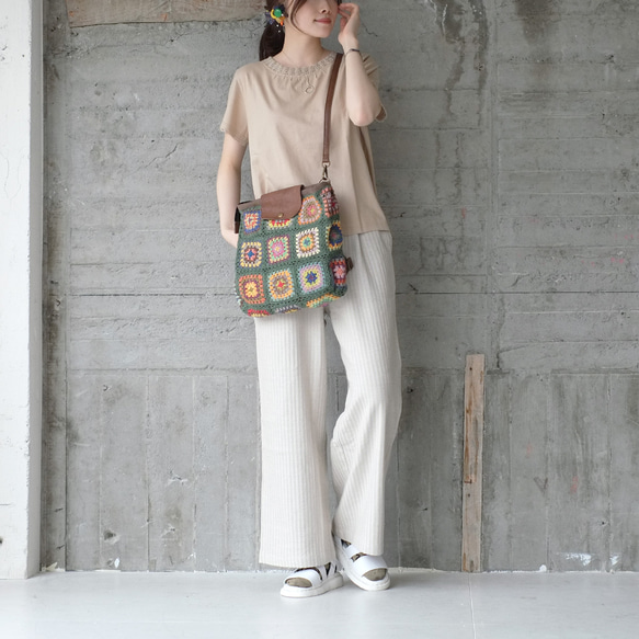 可手提可挎！ 3向花朵鉤針背包 (23s-09) 綠色 第6張的照片