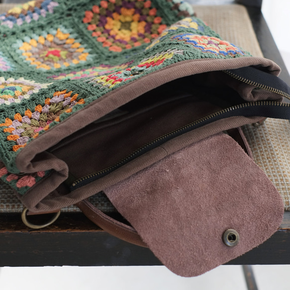 可手提可挎！ 3向花朵鉤針背包 (23s-09) 綠色 第17張的照片