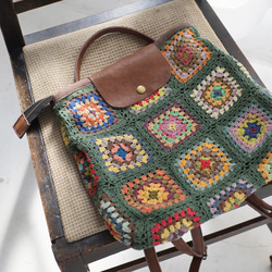 可手提可挎！ 3向花朵鉤針背包 (23s-09) 綠色 第13張的照片