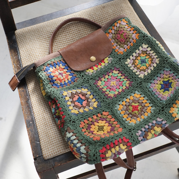 可手提可挎！ 3向花朵鉤針背包 (23s-09) 綠色 第13張的照片