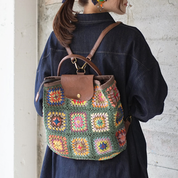 可手提可挎！ 3向花朵鉤針背包 (23s-09) 綠色 第3張的照片