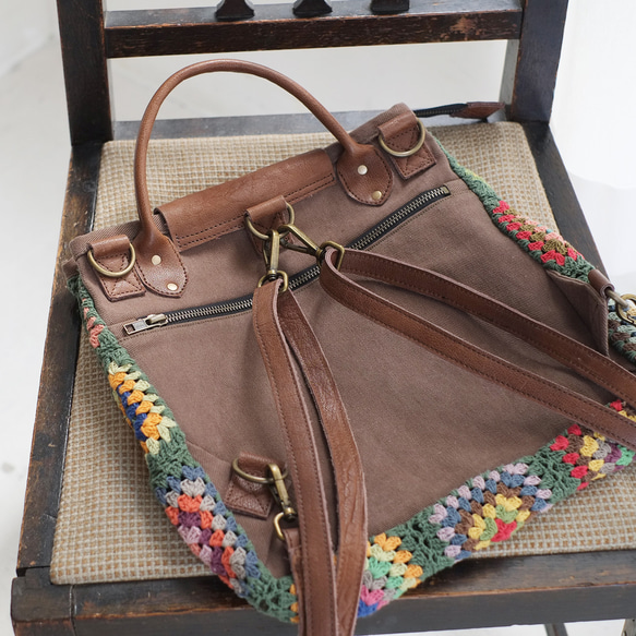 可手提可挎！ 3向花朵鉤針背包 (23s-09) 綠色 第18張的照片