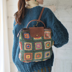 可手提可挎！ 3向花朵鉤針背包 (23s-09) 綠色 第8張的照片