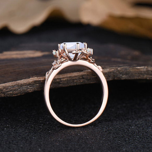 つる小枝の葉の婚約指輪6月の誕生石天然ブルームーンストーンリング10月の誕生石ホワイトオパールアニバーサリーリング 4枚目の画像