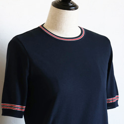 [柔軟夏季針織◎]條紋棉彈性短袖套頭衫[海軍藍] 第9張的照片