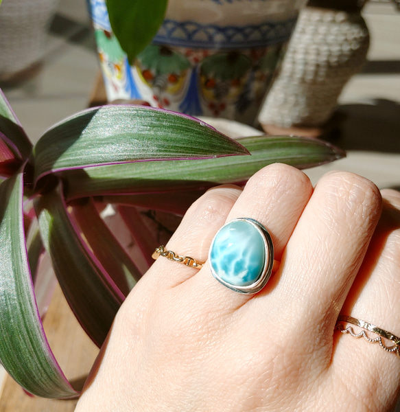 5日間限定SALE❁Ocean blue larimar ring silver925 約11号❁ハイクオリティラリマー 4枚目の画像