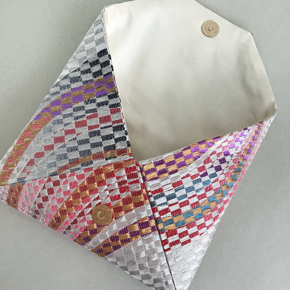 袋帯　結婚式バッグ　数寄屋袋　入学式　リサイクル正絹袋帯　市松　リメイク564 5枚目の画像