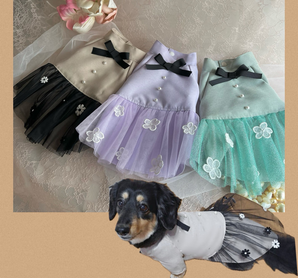 【犬ドレス】可愛い小花付き　ラベンダー❤️チュールスカート　パール飾り❤️おしゃれお出かけドレス　SML &ダックス 18枚目の画像